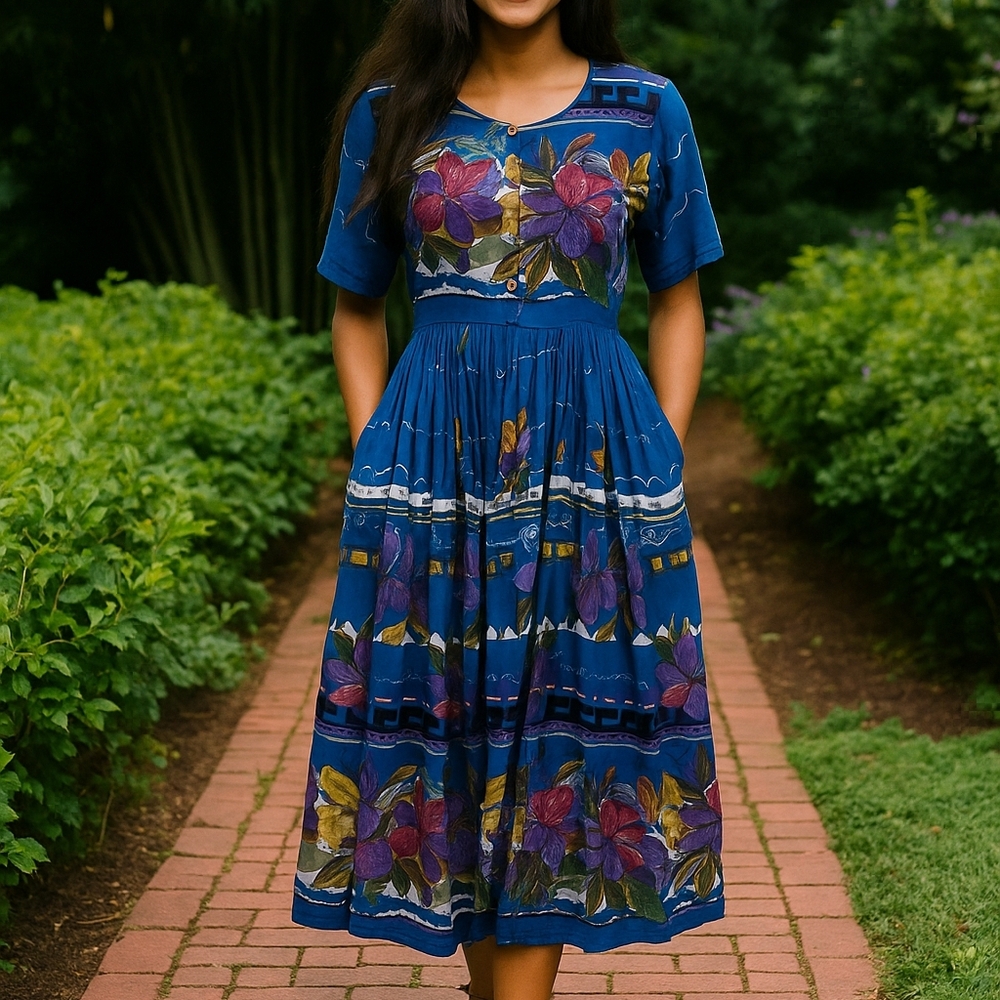 Vtg 90s Jasmine Petite by KVM Dress Size PL Blue Floral Full Skirt Cottagecore